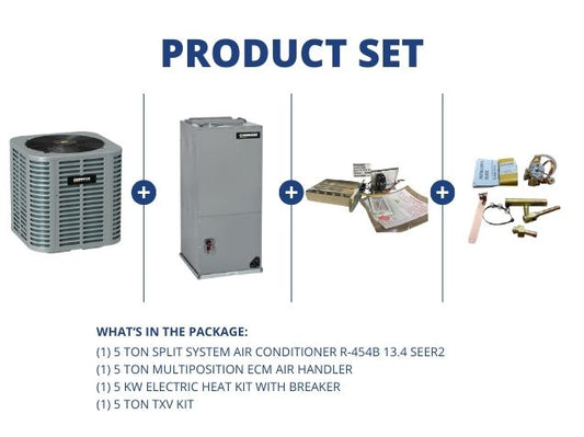 5 Ton SS AC R454B 13.4 SEER2, 5 Ton Multi Air Handler, 5KW Heat Kit with Breaker with 5 Ton TXV Kit