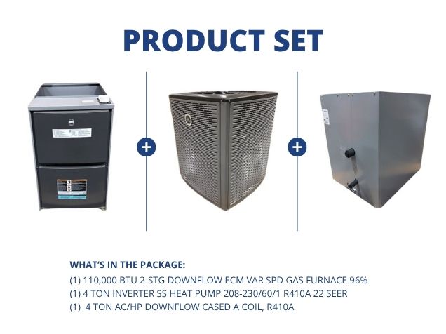 110,000 BTU Downflow Gas Furnace 96%, 4 Ton Inverter SS HP R410A 22 SEER and 4 Ton Down Cased A Coil