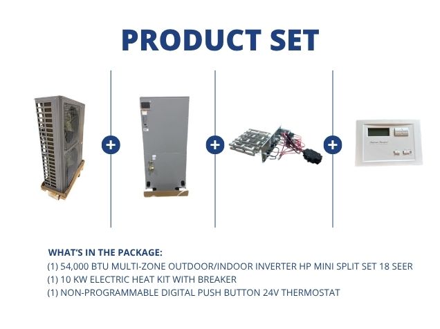 54,000 BTU Multi-Zone Outdoor/Indoor Inverter HP Mini Split Set 18 SEER 10KW Heat and 24V Thermostat