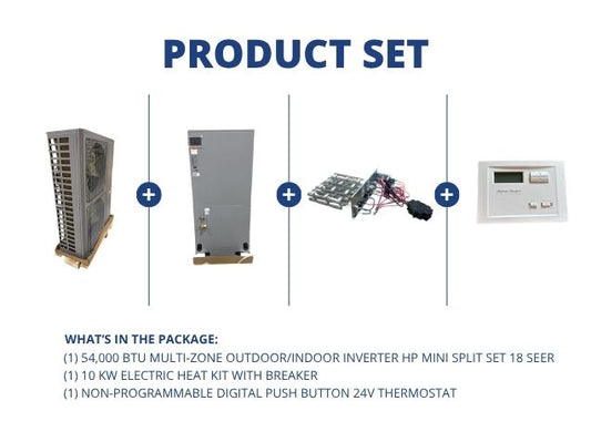 54,000 BTU Multi-Zone Outdoor/Indoor Inverter HP Mini Split Set 18 SEER 10KW Heat and 24V Thermostat