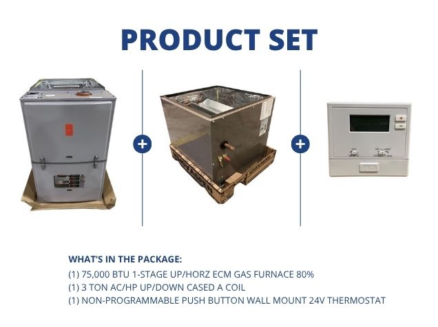 75,000 BTU 1-Stg Up/Horz ECM Gas Furnace 80%, 3 Ton AC/HP Up/Down Cased A Coil with 24V Thermostat
