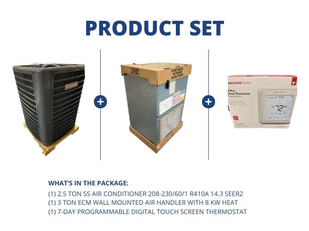 2.5 Ton SS AC 14.3 SEER2 with 3 Ton Wall Mnt Air Handler with 8 KW Heat and Programmable Thermostat