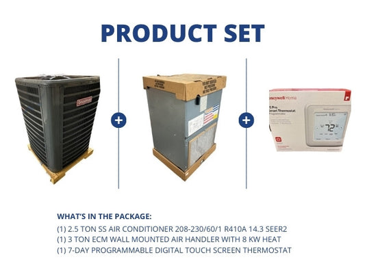 2.5 Ton SS AC 14.3 SEER2 with 3 Ton Wall Mnt Air Handler with 8 KW Heat and Programmable Thermostat