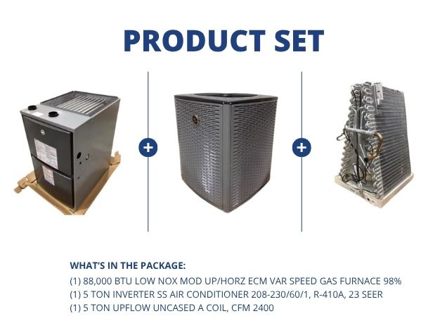 88,000 BTU Low NOx Mod Up/Horz Gas Furnace 98%, 5 Ton Inverter AC 23 SEER, 5 Ton Upflow Uncased Coil