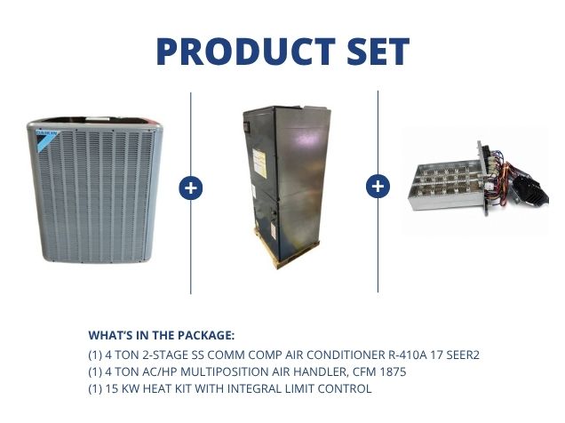 4 Ton Comm Comp AC 17 SEER2, 4 Ton Multiposition Air Handler and 15 kW Heat w/Integral Limit Control