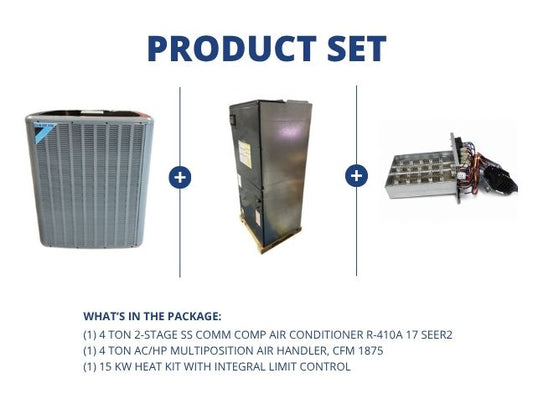 4 Ton Comm Comp AC 17 SEER2, 4 Ton Multiposition Air Handler and 15 kW Heat w/Integral Limit Control