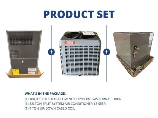 100,000 BTU Ultra Low NOx Up/Horz Gas Furnace 80%, 3.5 Ton SS AC 13 SEER, 4 Ton Up/Down Cased Coil