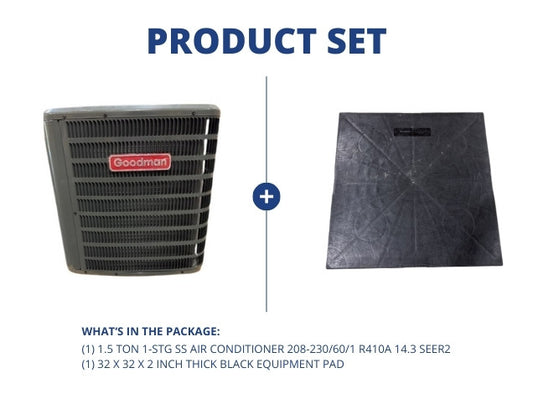 1.5 Ton 1-Stg SS Air Conditioner 208-230/60/1 R410A 14.3 SEER2 and 32 x 32 x 2 " Black Equipment Pad
