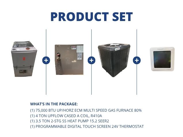 75,000 BTU Up/Horz Gas Furnace 80%, 4 Ton Upflow A Coil, 3.5 Ton SS HP 15.2 SEER2 and 24V Thermostat