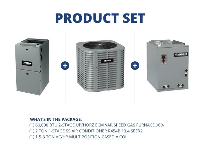 60,000 BTU 2-Stg Up/Horz ECM Gas Furnace 96%, 2 Ton AC R454B 13.4 SEER2, 1.5-3 Ton Multi Cased Coil