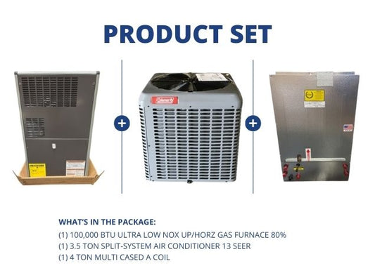 100,000 BTU Ultra Low NOx Up/Horz Gas Furnace 80%, 3.5 Ton SS AC 13 SEER, 4 Ton Multi Cased A Coil