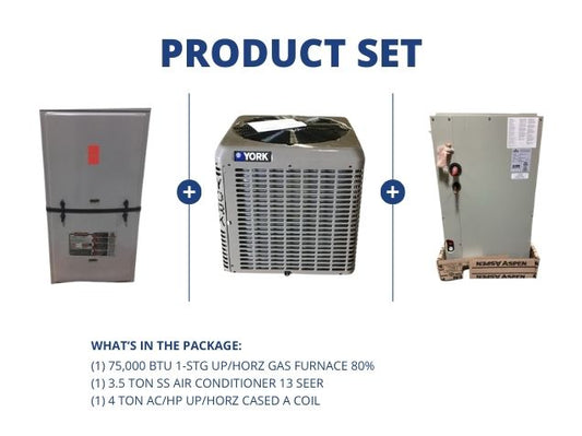 75,000 BTU 1-Stg Up/Horz Gas Furnace 80%, 3.5 Ton SS AC 13 SEER and 4 Ton AC/HP Up/Horz Cased A Coil