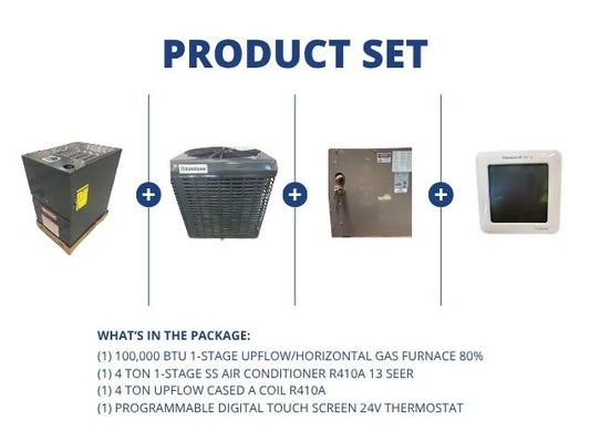 100,000 BTU Up/Horz Gas Furnace 80%, 4 Ton SS AC R410A 13 SEER, 4 Ton Upflow Coil and 24V Thermostat