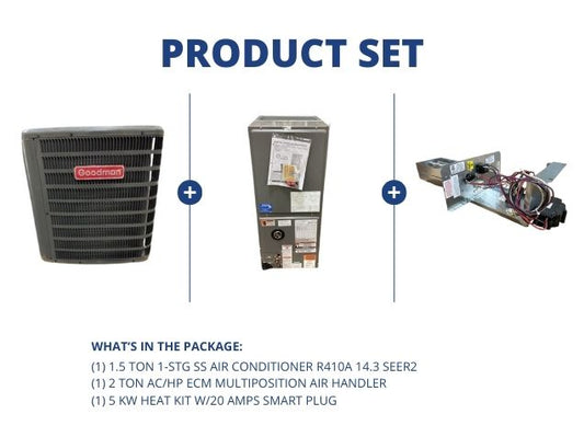 1.5 Ton 1-Stg SS AC 14.3 SEER2, 2 Ton ECM Multi Air Handler and 5 KW Heat Kit w/20 Amps Smart Plug