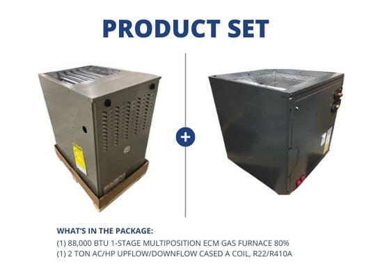 88,000 BTU 1-Stg Multiposition ECM Gas Furnace 80% with 2 Ton AC/HP Up/Down Cased A Coil, R22/R410A