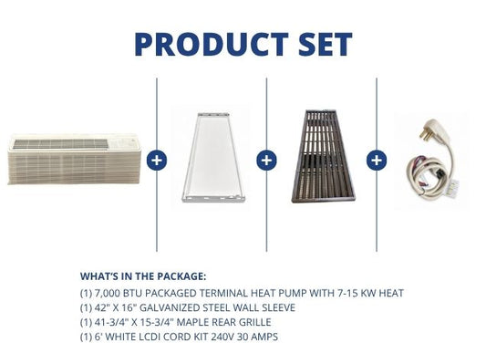 7,000 BTU Packaged Terminal HP W/ 7-15 KW Heat, R-410A, Wall Sleeve, Rear Grille with LCDI Cord Kit