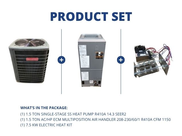 1.5 Ton Single-Stage Heat Pump R410A 14.3 SEER2, 1.5 Ton AC/HP ECM Multi Air Handler with 7.5Kw Heat
