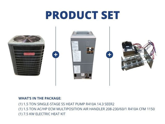 1.5 Ton Single-Stage Heat Pump R410A 14.3 SEER2, 1.5 Ton AC/HP ECM Multi Air Handler with 7.5Kw Heat