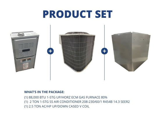 88,000 BTU 1-Stg Up/Horz ECM Gas Furnace 80%, 2 Ton SS AC 14.3 SEER2 with 2.5 Ton Up/Down Cased Coil