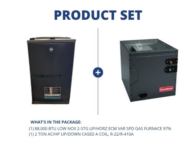 88,000 BTU Low NOx 2-Stg Up/Horz ECM Var Spd Gas Furnace 97% with 2 Ton AC/HP Up/Down Cased A Coil