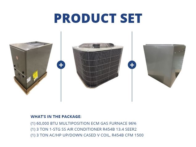 60,000 BTU Multi ECM Gas Furnace 96%, 3 Ton SS AC R454B 13.4 SEER2 with 3 Ton Up/Down Cased V Coil