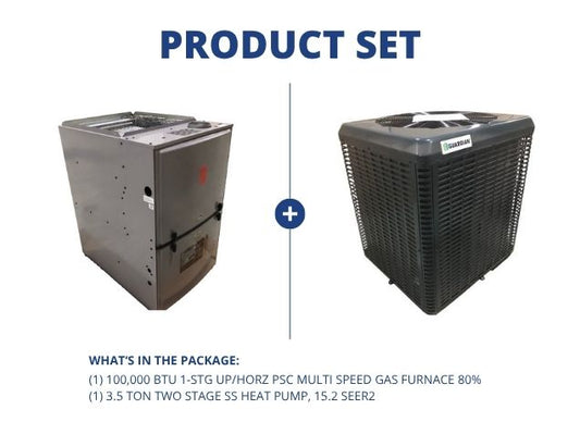 100,000 BTU 1-Stg Up/Horz ECM Multi Speed Gas Furnace 80% and 3.5 Ton 2-Stg SS Heat Pump, 15.2 SEER2