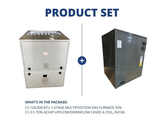 120,000 BTU 1-Stage Multiposition ECM Gas Furnace 92% with 3.5 Ton AC/HP Up/Down Cased A Coil, R410A