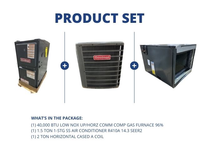40,000 BTU Low NOx Up/Horz Comm Comp Gas Furnace 96%, 1.5 Ton AC 14.3 SEER2, 2 Ton Horz Cased A Coil