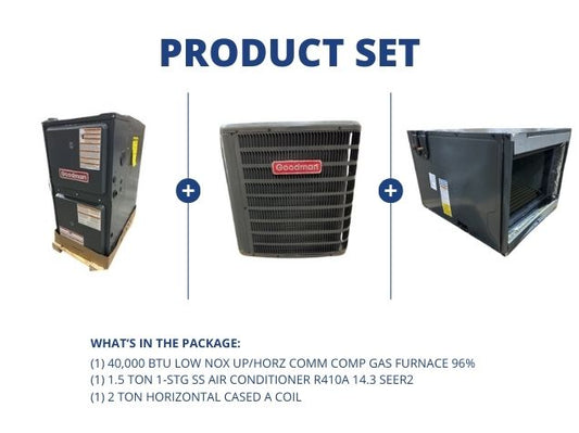 40,000 BTU Low NOx Up/Horz Comm Comp Gas Furnace 96%, 1.5 Ton AC 14.3 SEER2, 2 Ton Horz Cased A Coil