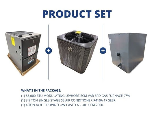 88,000 BTU Mod Up/Horz Gas Furnace 97%, 3.5 Ton AC R410A 17 SEER and 4 Ton AC/HP Down Cased A Coil