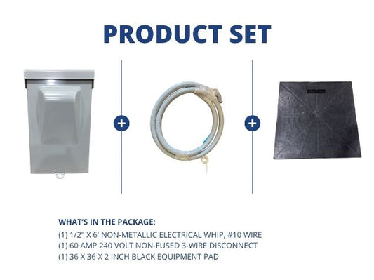 1/2" X 6' Electrical Whip with 60A 240V Non-Fused 3-Wire Disconnect and 32x32x2" Black Equipment Pad