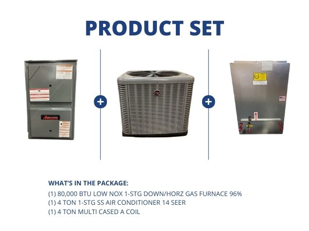 80,000 BTU Low NOx Down/Horz Gas Furnace 96%, 4 Ton 1-Stg SS AC 14 SEER and 4 Ton Multi Cased A Coil