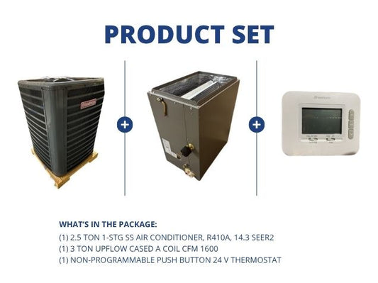 2.5 Ton 1-Stg SS Air Conditioner, R410A, 14.3 SEER2, 3 Ton Upflow Cased A Coil with 24V Thermostat