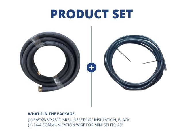 3/8"x5/8"x25' Flare Lineset 1/2" Insulation, Black with 14/4 Communication Wire for Mini Splits; 25'