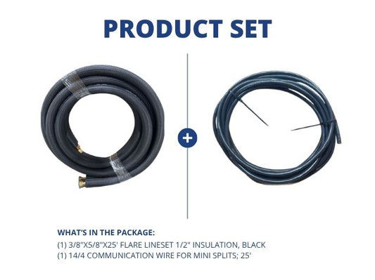 3/8"x5/8"x25' Flare Lineset 1/2" Insulation, Black with 14/4 Communication Wire for Mini Splits; 25'