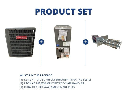 1.5 Ton 1-Stg SS AC 14.3 SEER2, 2 Ton ECM Multi Air Handler and 10 KW Heat Kit w/40 Amps Smart Plug