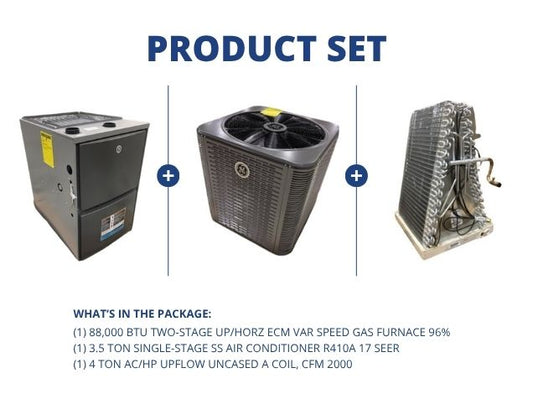 88,000 BTU 2-Stg Up/Horz ECM Gas Furnace 96%, 3.5 Ton AC R410A 17 SEER with 4 Ton Up Uncased A Coil