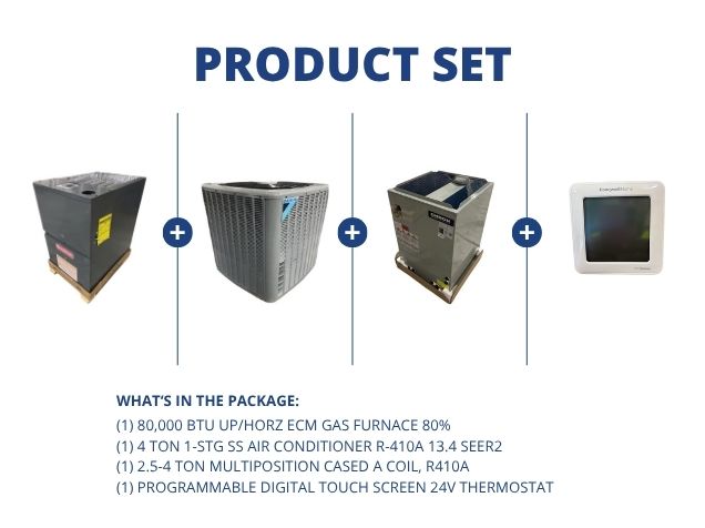 80,000 BTU Up/Horz Gas Furnace 80%, 4 Ton SS AC 13.4 SEER2, 2.5-4 Ton Multi Coil with 24V Thermostat
