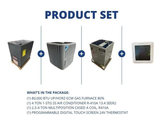 80,000 BTU Up/Horz Gas Furnace 80%, 4 Ton SS AC 13.4 SEER2, 2.5-4 Ton Multi Coil with 24V Thermostat