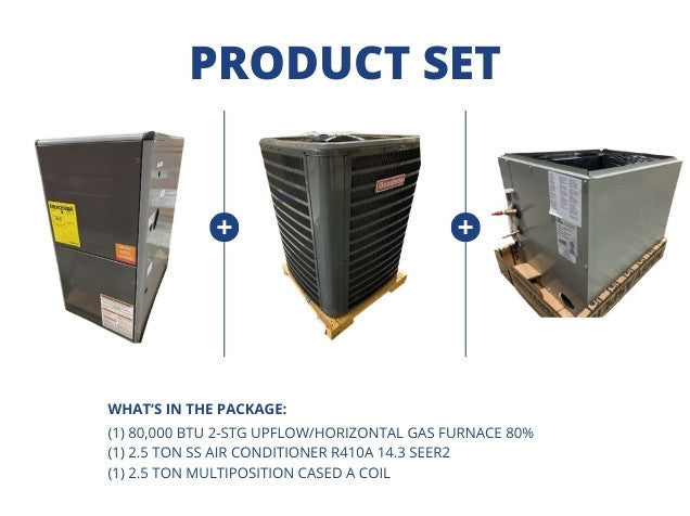 80,000 BTU 2-Stg Up/Horz Gas Furnace 80% and 2.5 Ton SS AC 14.3 SEER2 and 2.5 Ton Multi Cased A Coil