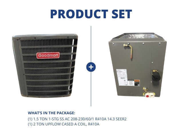 1.5 Ton 1-Stg SS Air Conditioner 208-230/60/1 R410A 14.3 SEER2 with 2 Ton Upflow Cased A Coil, R410A