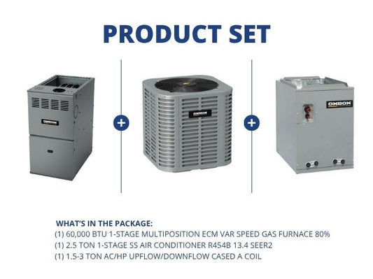 60,000 BTU Multi ECM Gas Furnace 80%, 2.5 Ton SS AC R454B 13.4 SEER2, 1.5-3 Ton Up/Down Cased A Coil
