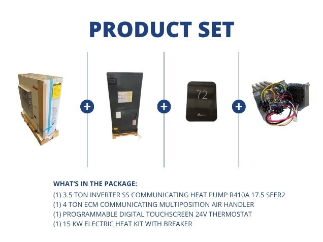 3.5 Ton Inverter Comm HP 17.5 SEER2, 4 Ton ECM Comm Multi Air Handler, 24V Thermostat and 15 KW Heat