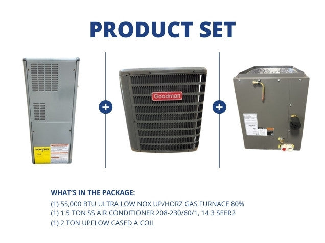 55,000 BTU ULN Up/Horz Gas Furnace 80% with 1.5 Ton SS AC 14.3 SEER2 with 2 Ton Upflow Cased A Coil