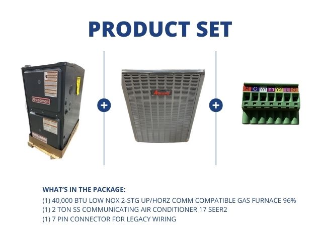 40,000 BTU Low NOx Up/Horz Comm Comp Gas Furnace 96%, 2 Ton SS Comm AC 17 SEER2 and 7 Pin Connector