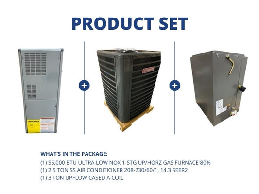 55,000 BTU ULN Up/Horz Gas Furnace 80% with 2.5 Ton SS AC 14.3 SEER2 with 3 Ton Upflow Cased A Coil