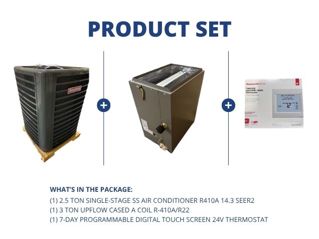 2.5 Ton 1-Stage SS AC 208-230/60/1 14.3 SEER2, 3 Ton Upflow Cased A Coil R-410A/R22 with Thermostat