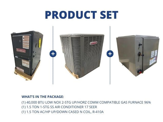 40,000 BTU Low NOx Comm Comp Gas Furnace 96%, 1.5 Ton SS AC 17 SEER and 1.5 Ton Up/Down Cased N Coil