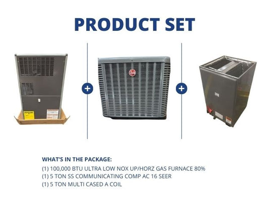 100,000 BTU Ultra Low NOx Up/Horz Gas Furnace 80%, 5 Ton SS Comm Comp AC 16 SEER, 5 Ton Multi A Coil
