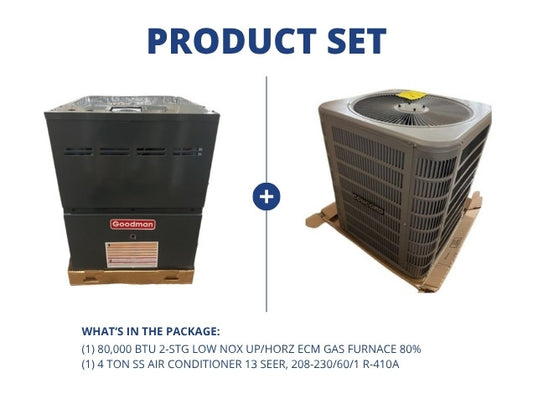 80,000 BTU 2-Stg Low Nox Up/Horz ECM Gas Furnace 80% with 4 Ton SS AC 13 SEER, 208-230/60/1 R-410A